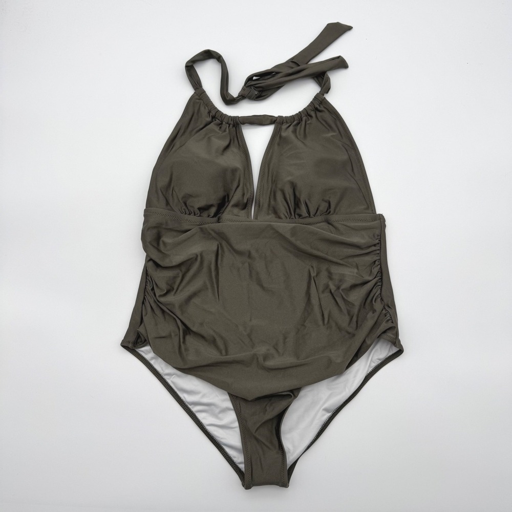 Cupshe Womens Olive Green Ruched Halter One Piece Swimsuit Size 1X New